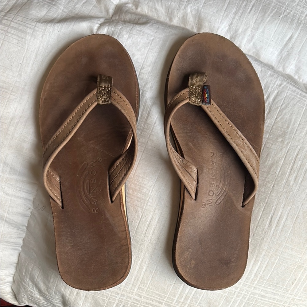 Rainbow Brown Leather Flip Flops
